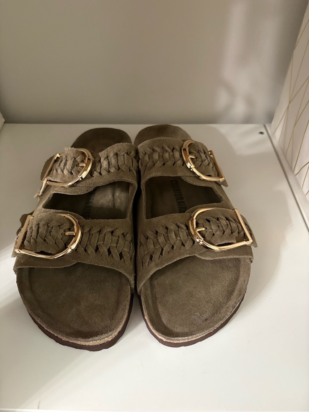 Cashew Cork Braided Double-Buckle Suede Slide Sandals - - Picture 2 of 8